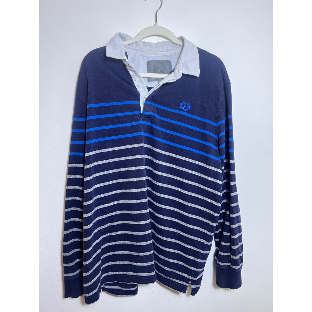 Denver Hayes Mens Navy Blue Striped Long Sleeve Rugby Shirt Twill Collar